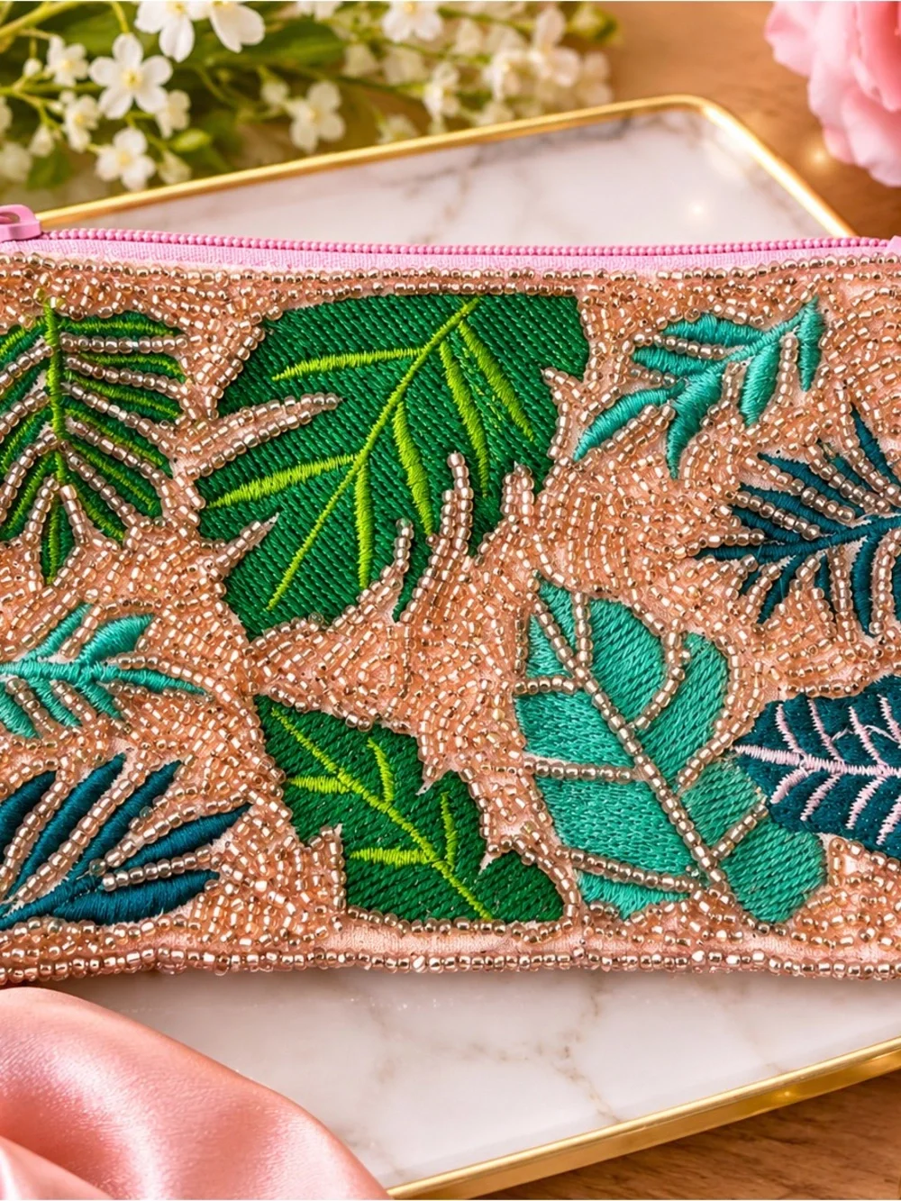 Beaded Tropical Leaf Coin Pouch - Pink and Green
